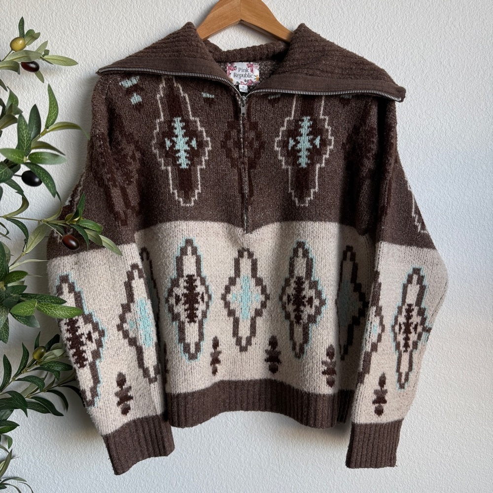 Pink Republic Brown Aztec Western Cowgirl Half Zip Sweater Women’s Size Medium